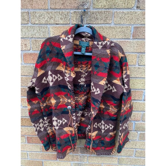 Ralph Lauren Brown Southwestern Sweater Cardigan Native Coat Aztec Camping Ranch - Picture 3 of 9